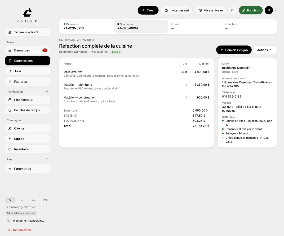 A signed quote in ORYX Console: the Request, Quote, Job, Invoice chain at the top, the line items with quantity and amount, the subtotal with GST and QST, the convert-to-job button next to the Actions menu, and the client, job address, validity and history column on the right.