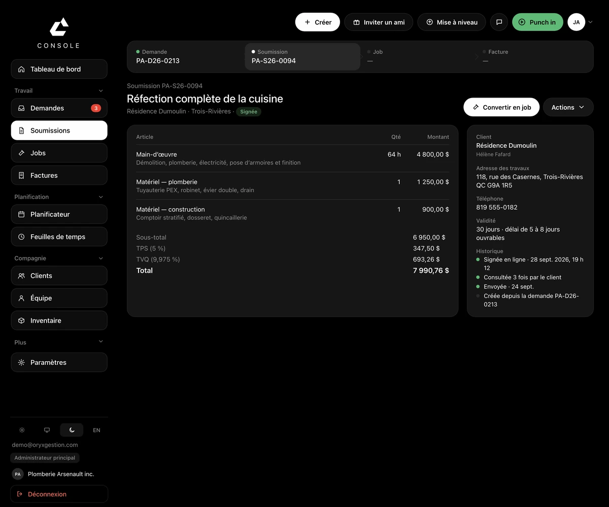 A signed quote in ORYX Console: the Request, Quote, Job, Invoice chain at the top, the line items with quantity and amount, the subtotal with GST and QST, the convert-to-job button next to the Actions menu, and the client, job address, validity and history column on the right.