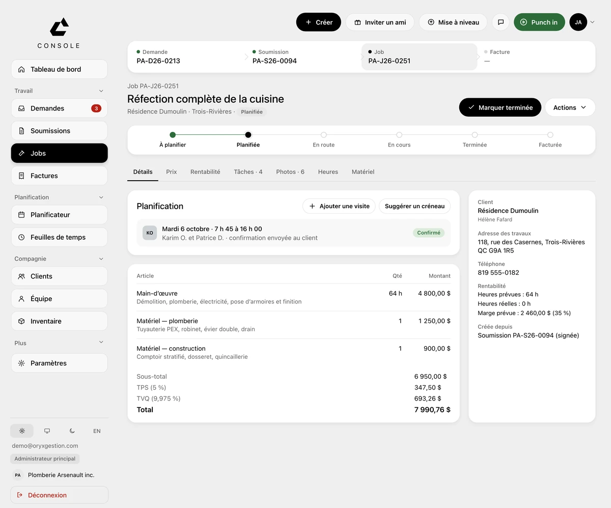 A job in ORYX Console: the Request, Quote, Job, Invoice chain at the top; the step bar from to-schedule through to invoiced; the details, pricing, profitability, tasks, photos, hours and materials tabs; the scheduling block with Tuesday's visit and the two workers; the line items with quantity and amount; and on the right the client, the job address and the profitability figures.