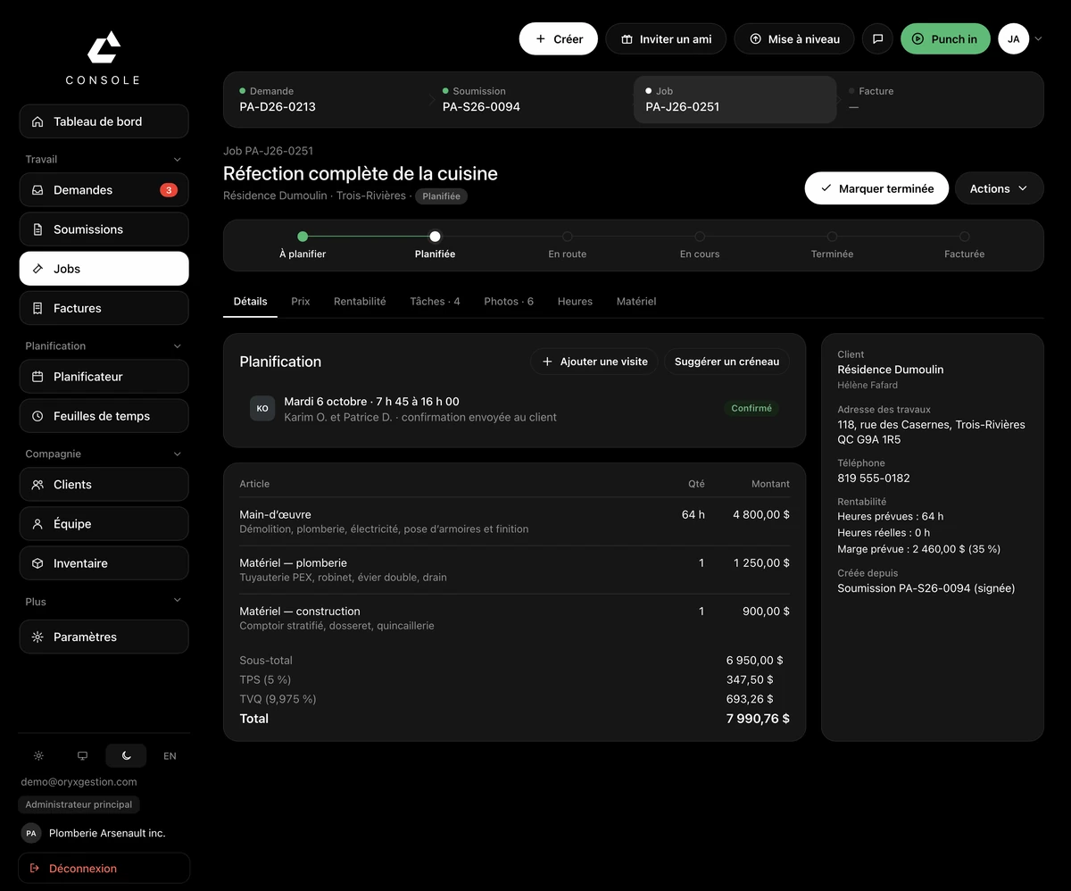A job in ORYX Console: the Request, Quote, Job, Invoice chain at the top; the step bar from to-schedule through to invoiced; the details, pricing, profitability, tasks, photos, hours and materials tabs; the scheduling block with Tuesday's visit and the two workers; the line items with quantity and amount; and on the right the client, the job address and the profitability figures.