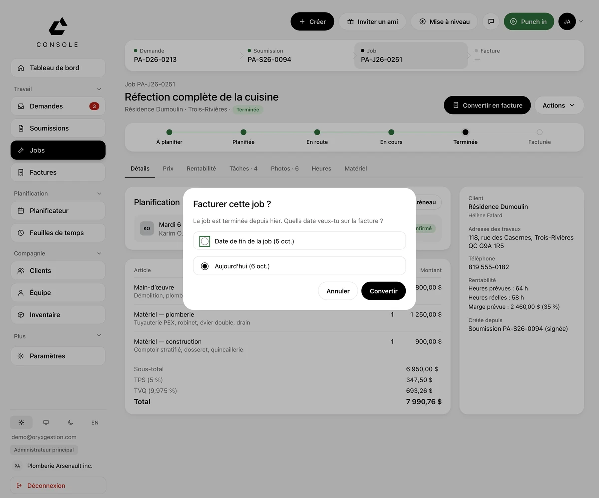 Une job terminée dans ORYX Console : la fenêtre « Facturer cette job ? » demande quelle date mettre, avec le choix entre la date de fin de la job et aujourd'hui ; les articles de la job sont listés dessous.