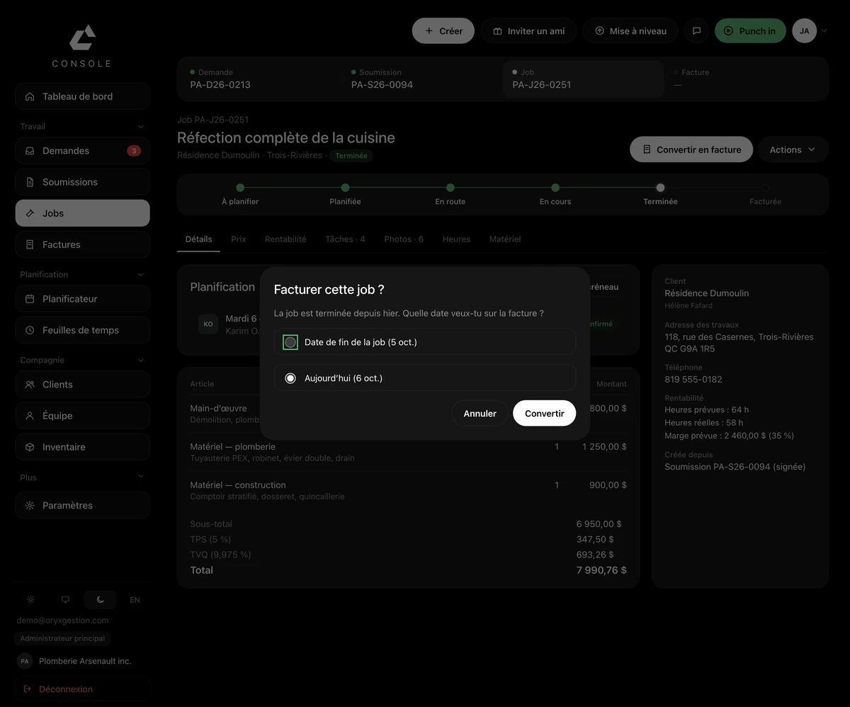 Une job terminée dans ORYX Console : la fenêtre « Facturer cette job ? » demande quelle date mettre, avec le choix entre la date de fin de la job et aujourd'hui ; les articles de la job sont listés dessous.