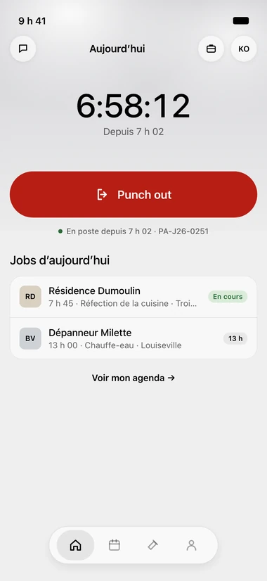Today screen in the ORYX Console iPhone app: the shift counter, the time it started from, the large red Punch out button, the on-duty line, then the day's jobs with their times and an in-progress tag on the one running.