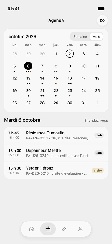 Schedule screen in the ORYX Console app: the month calendar with a dot under each busy day, a week-or-month selector, and the chosen day's appointments underneath with their start time, end time and client.