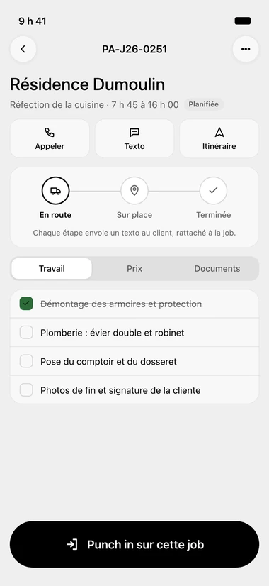 A job sheet in the ORYX Console app: the call, text and directions buttons, the on-the-way, on-site and done band, the work, pricing and documents tabs, the task checklist, and the black punch-in button at the bottom.