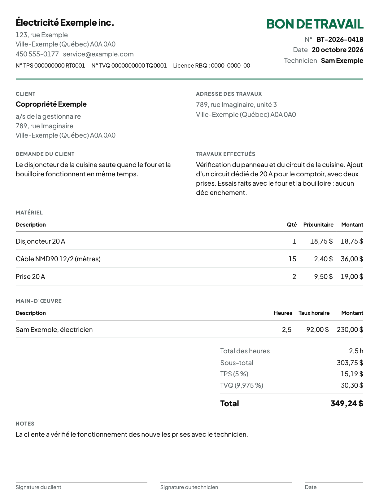 Aperçu d'un bon de travail fictif d'Électricité Exemple inc. : demande du client, travaux effectués, trois lignes de matériel, 2,5 heures de main-d'œuvre, total de 349,24 $ et lignes de signature.