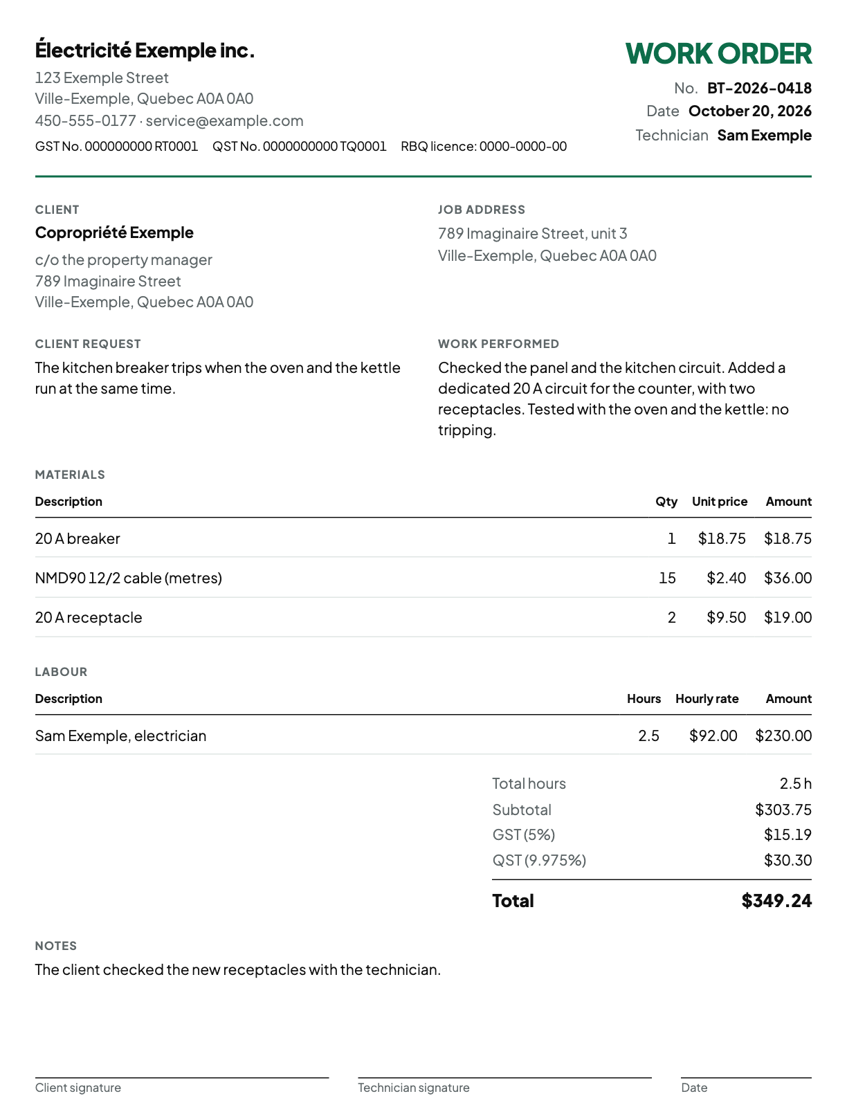 Preview of a fictional work order from Électricité Exemple inc.: client request, work performed, three material lines, 2.5 hours of labour, total of $349.24 and signature lines.