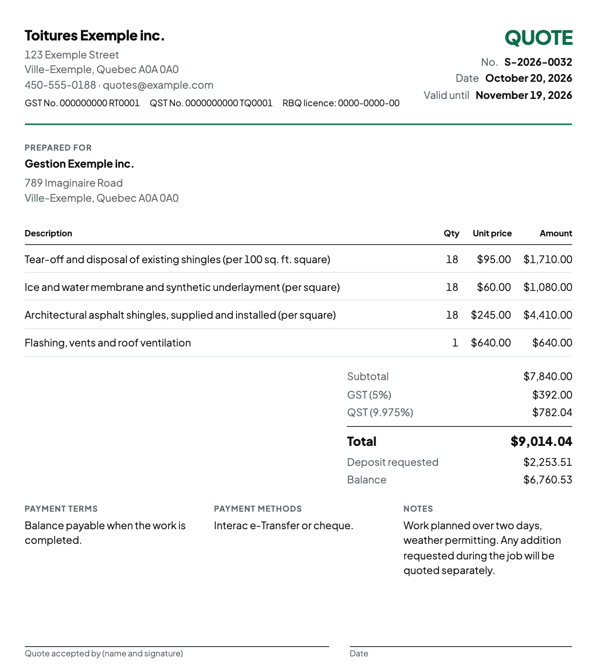 Preview of a fictional roofing quote from Toitures Exemple inc.: four lines, subtotal of $7,840.00, GST of $392.00, QST of $782.04, total of $9,014.04 and deposit of $2,253.51.